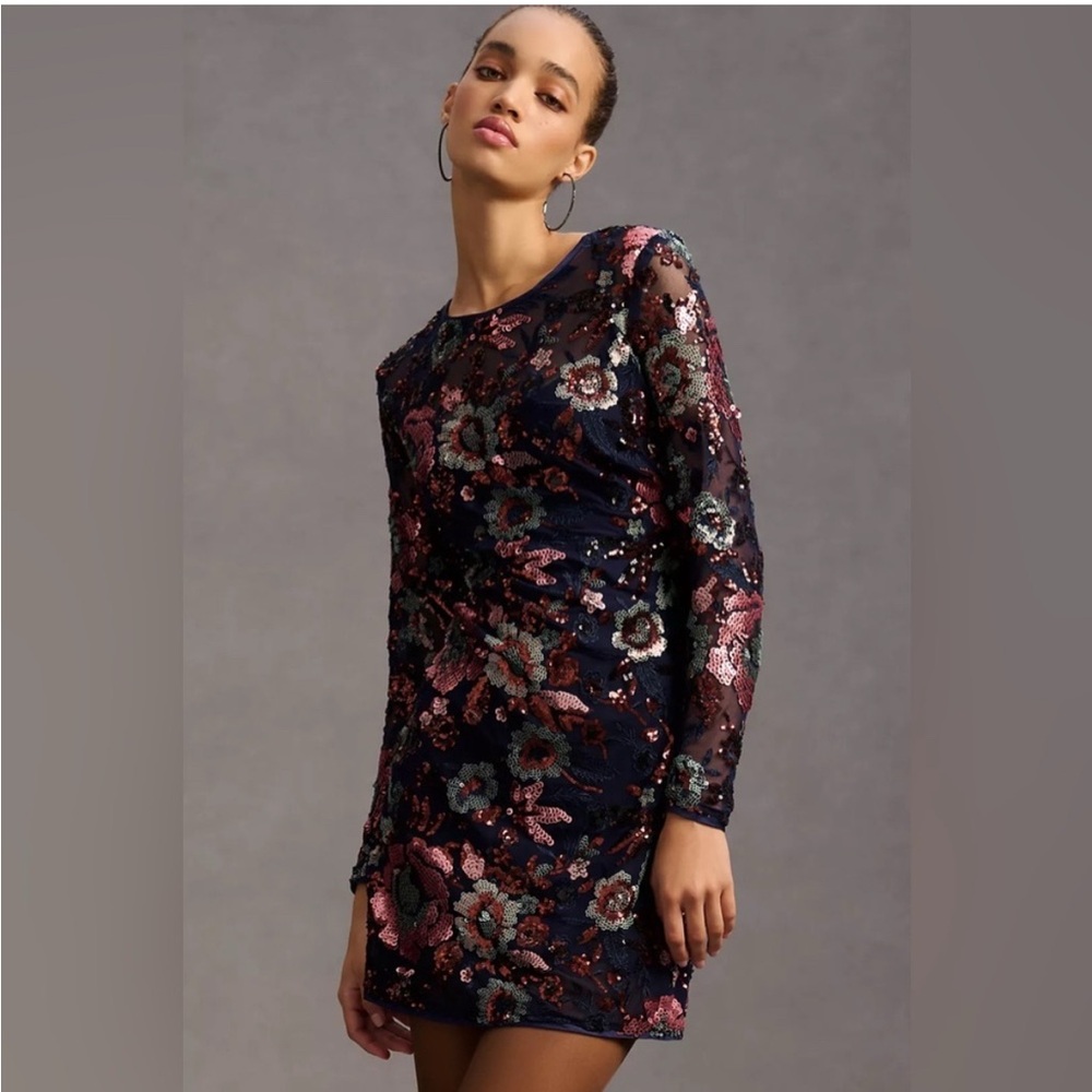 Anthropologie Floral Sequin Long Sleeve Mini Dress